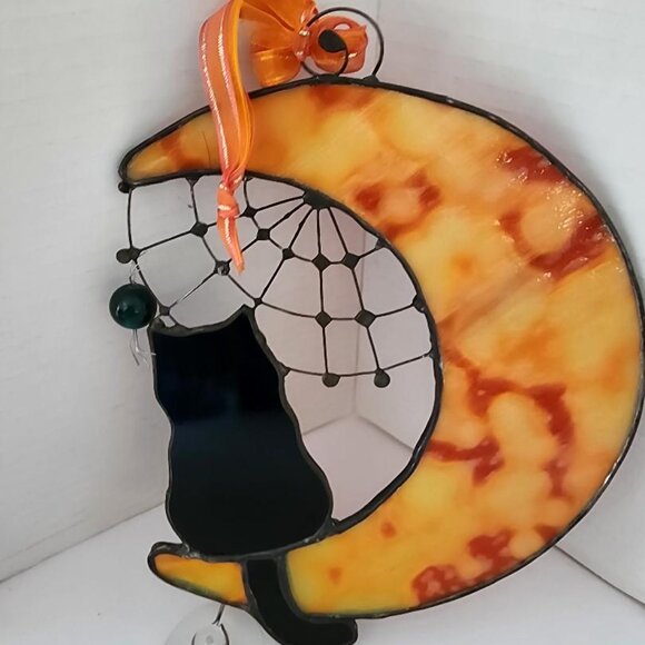 Stained Glass Cat On Moon With Spider Web-NICE! - Picture 5 of 5